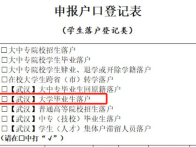 武汉大学生落户登记表选什么类别?