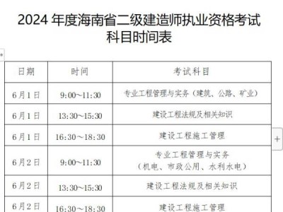 海南2024年度二级建造师考试时间及科目安排