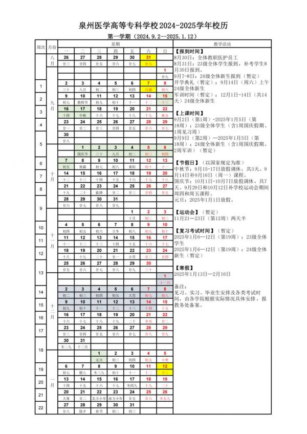 2024年秋季学期泉州各个大学开学时间（5）