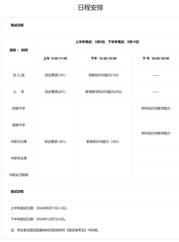 2024下半年教师资格面试时间