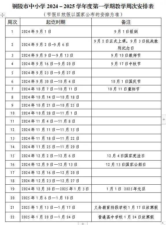 铜陵市中小学秋季新学年开学放假时间安排2024 铜陵市中小学秋季新学年开学放假时间安排2024