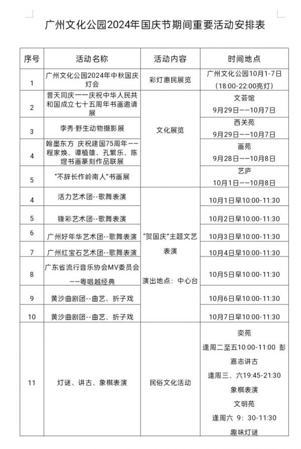 2024年国庆广州文化公园有什么活动（附活动表）（2）