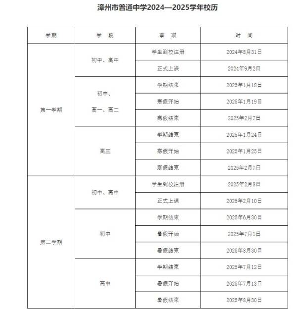 漳州市普通中学2025年什么时候开始放寒假？