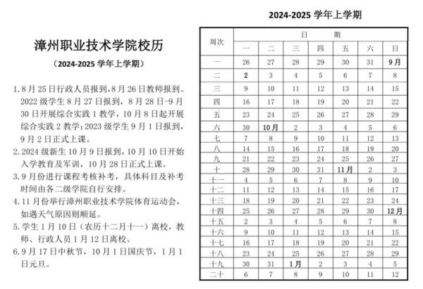 2025年漳州职业技术学院放寒假时间（附学年校历）