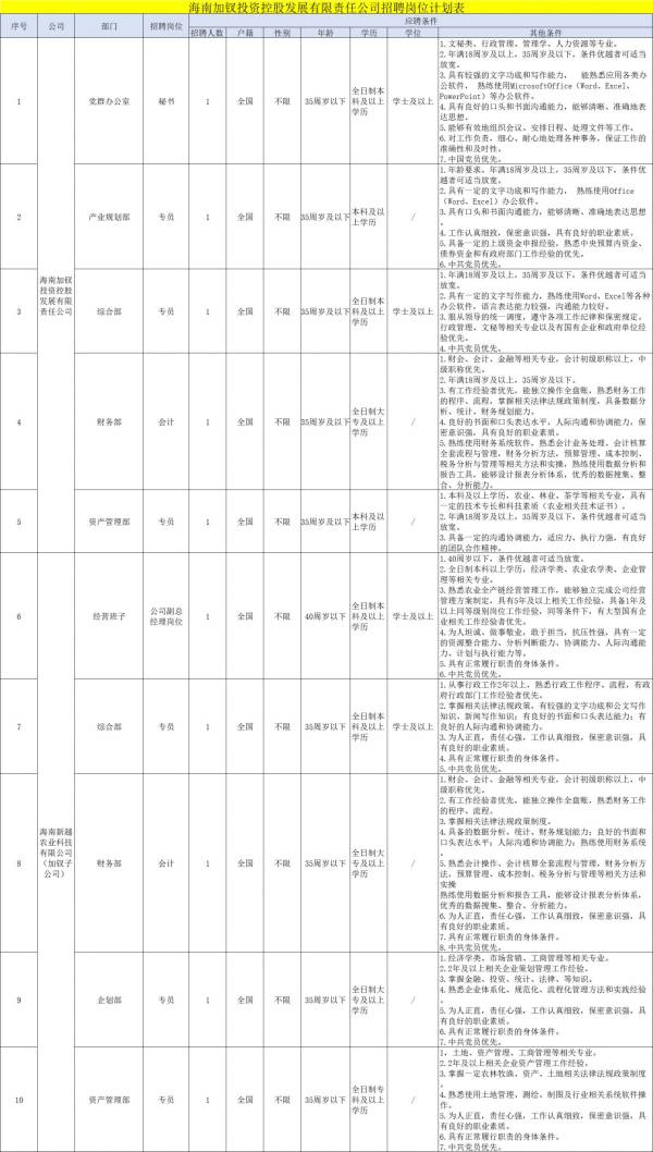 海南加钗投资控股发展有限责任公司2024公开招聘 附岗位