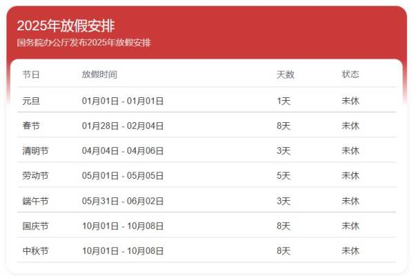 2025放假时间表公布最新消息