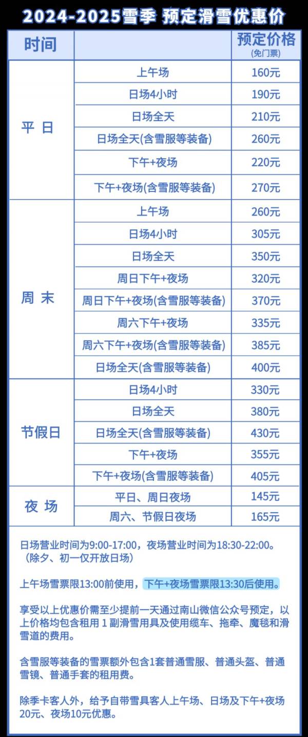 2024-2025年北京南山滑雪场门票价格及购票方式