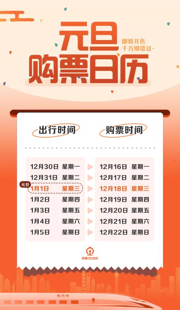 2025元旦火车票开售时间是几号?