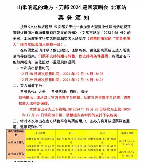 2024刀郎北京演唱会退票规则是什么?