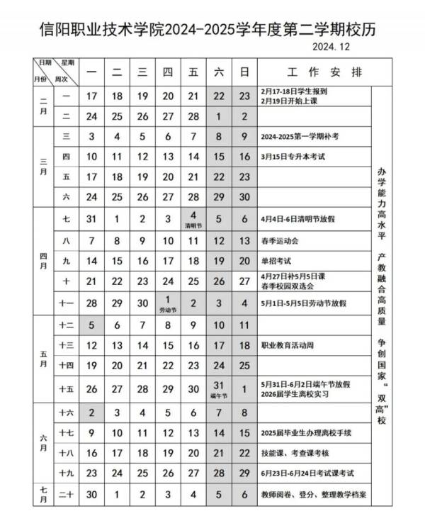 2025信阳职业技术学院寒假放假时间