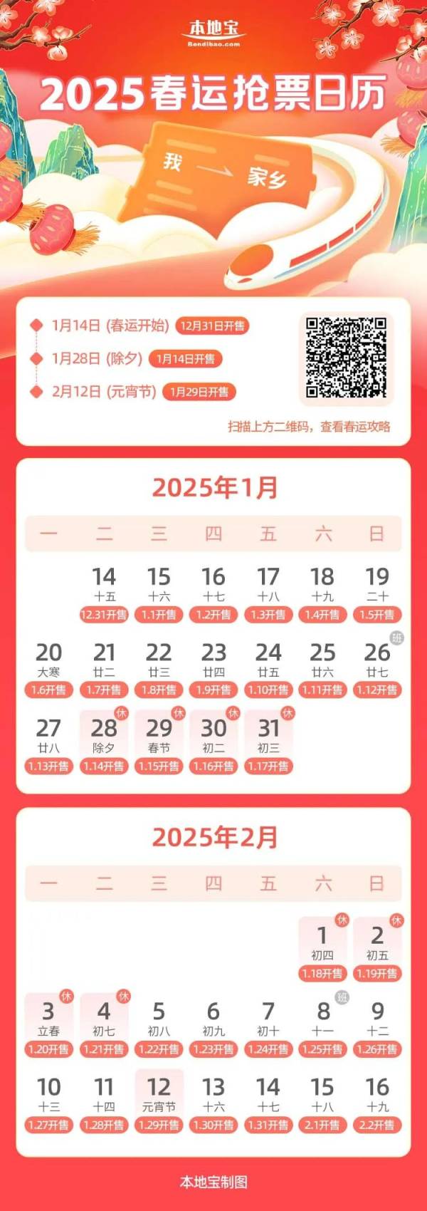 2025春运火车票什么时间开始售票？附抢票日历