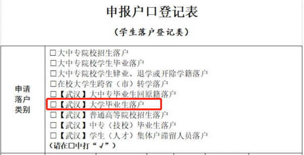 武汉大学生落户登记表选什么类别？
