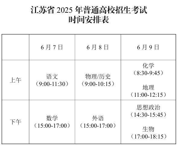 2025年江苏省高考考试时间安排 2025年江苏省高考考试时间安排