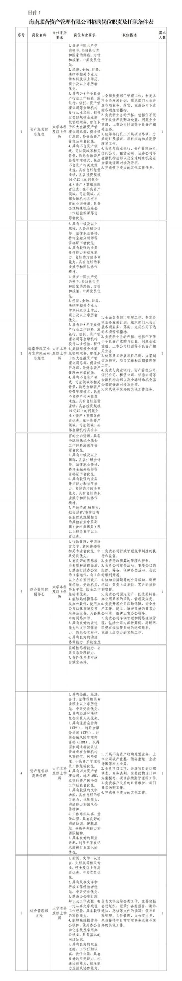 海南联合资产管理有限公司2025公开招聘（岗位+报名+条件）